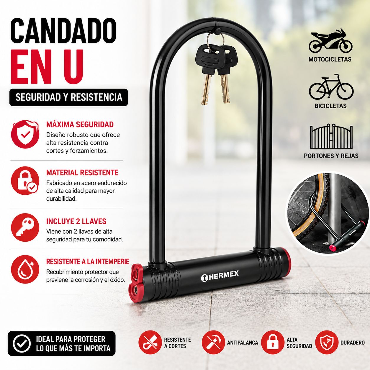 CANDADO EN U PARA MOTO Y BICICLETAS